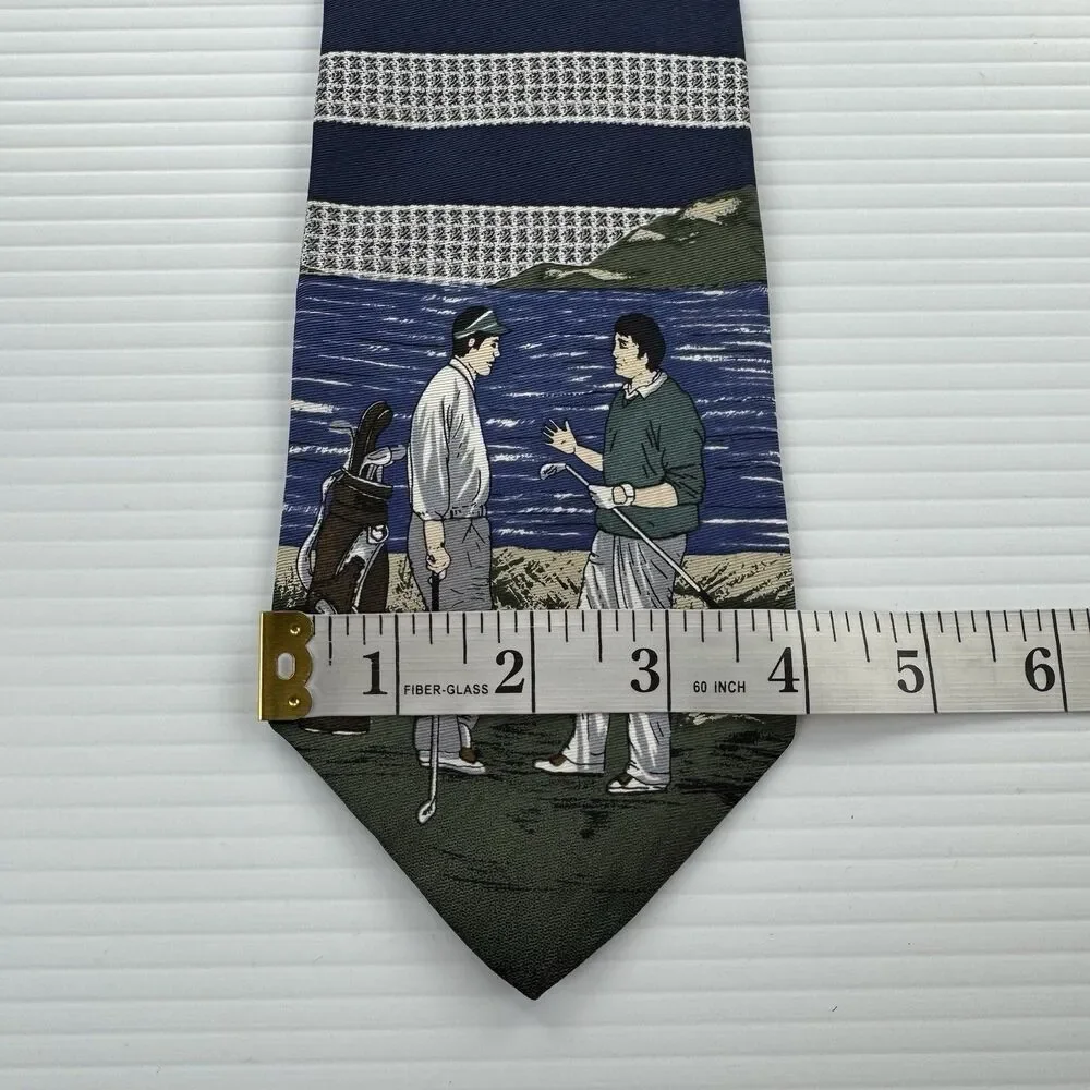 Pebble Beach Golf Tie Silk USA Blue Striped Scenic Golfer Novelty Necktie